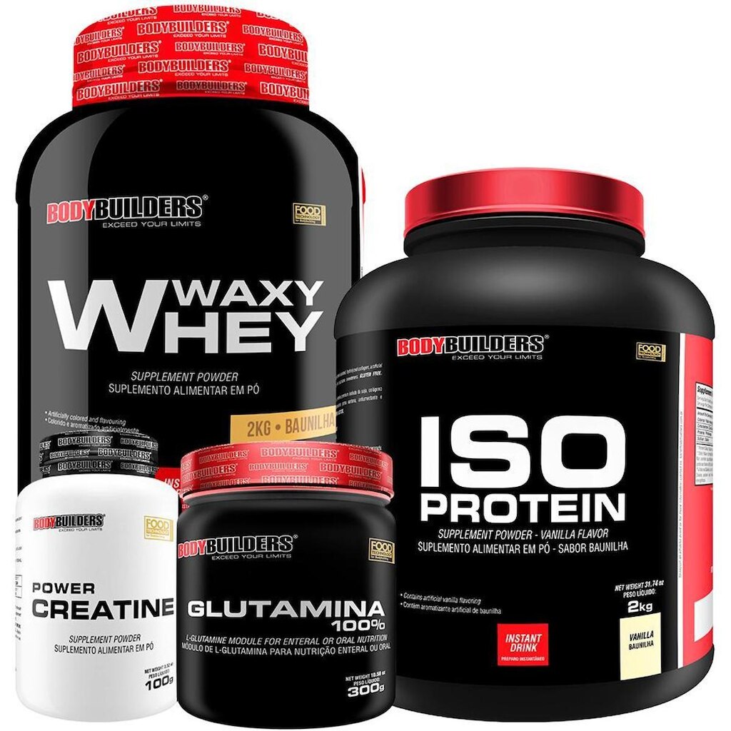 Kit Whey Protein Waxy whey 2Kg + Iso protein 2Kg + Creatina 100g + Glutamina 300g - Bodybuilders