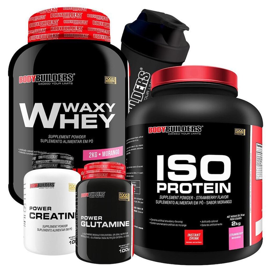 Kit Whey Protein Waxy Whey 2Kg+Whey Protein Iso Protein 2Kg+Creatina 100g+Glutamina 100g+Coq-BB
