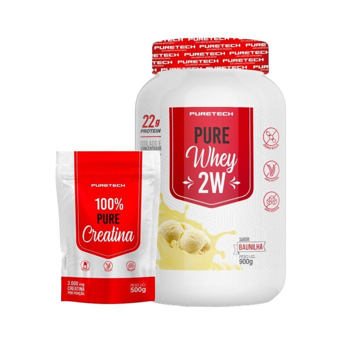 Kit Whey Pure 2W 900g + Creatina 100% Pura 500g PURETECH