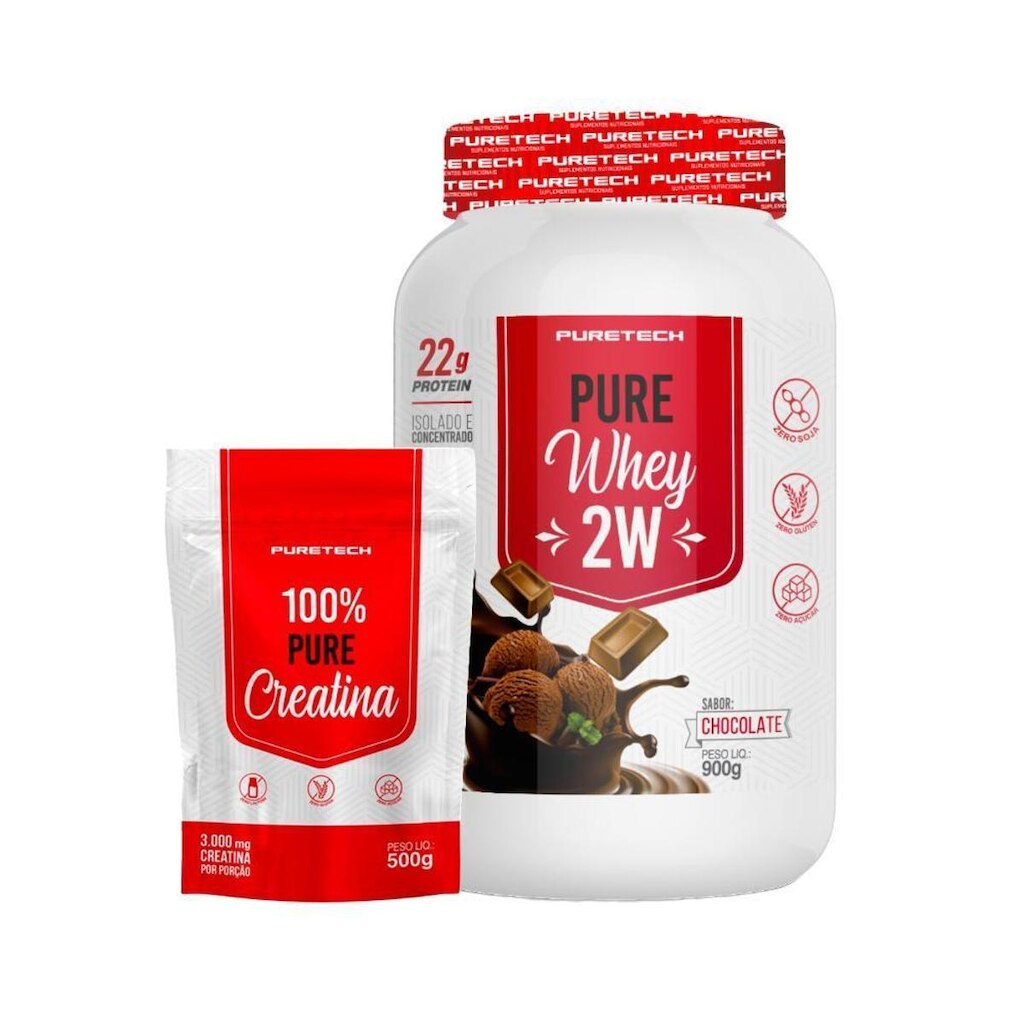 Kit Whey Pure 2W 900g + Creatina 100% Pura 500g PURETECH