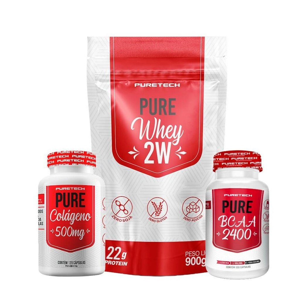 Kit Whey Pure 2W 900g+Colágeno 120Caps+Bcaa 120Caps PURETECH