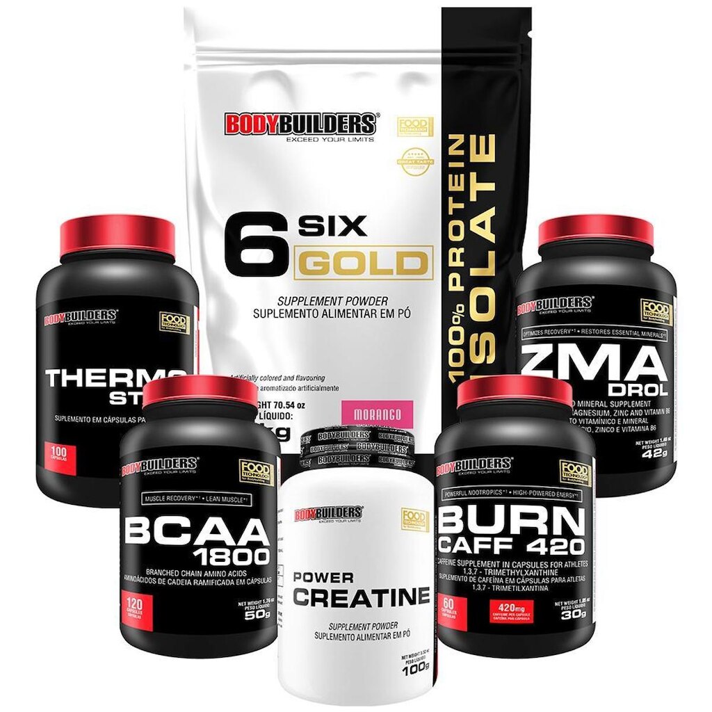 Kit Whey Six Gold 2 Kg  + Creatina + BCAA  + Cafeína + Termogênico + ZMA  - Bodybuilders
