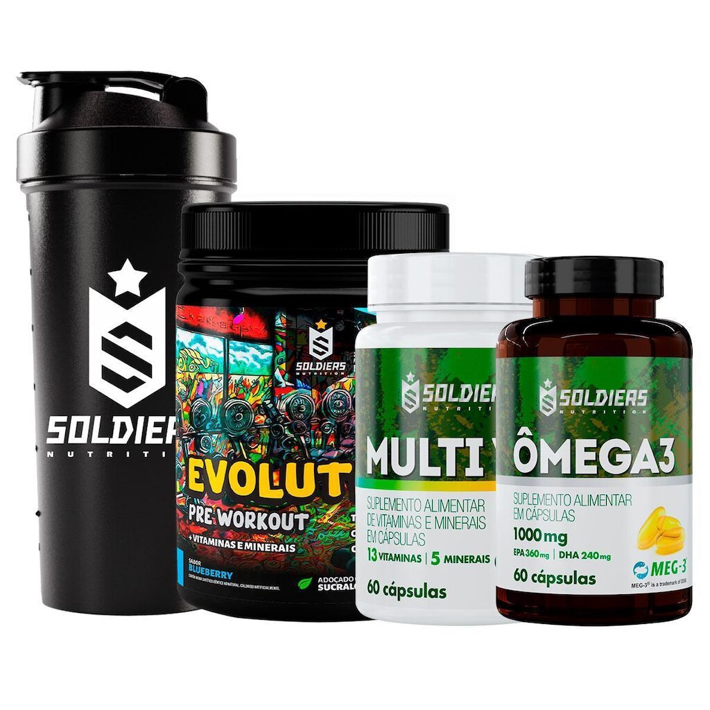 Kit: 2x Ômega 3 + 2x Multivitaminico + 2x Pré Treino Evolution 300g + 1x Coqueteleira Simples 600ml