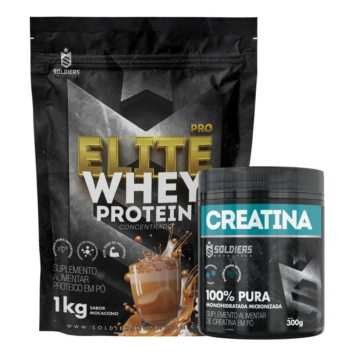Kit: Whey Protein Elite Pro 1kg + Creatina Monohidratada Pote 300g - 100% Pura Importada - Soldiers Menor preço em Kit: Whey Protein Elite Pro 1kg + Creatina Monohidratada Pote 300g - 100% Pura Importada - Soldiers