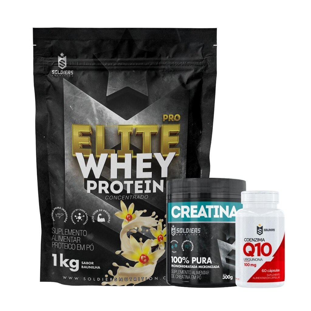 Kit: Whey Protein Elite-Pro 1kg + Creatina Monohidratada Pote 300g + Coenzima Q10 100mg