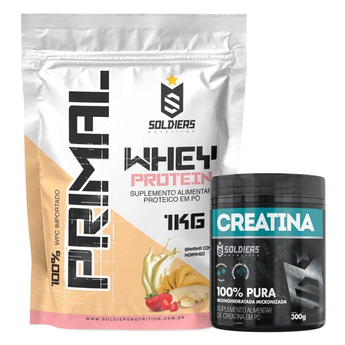 Kit: Whey Protein Primal 1Kg 100% Importado + Creatina Monohidratada Pote 300g - Soldiers Nutrition