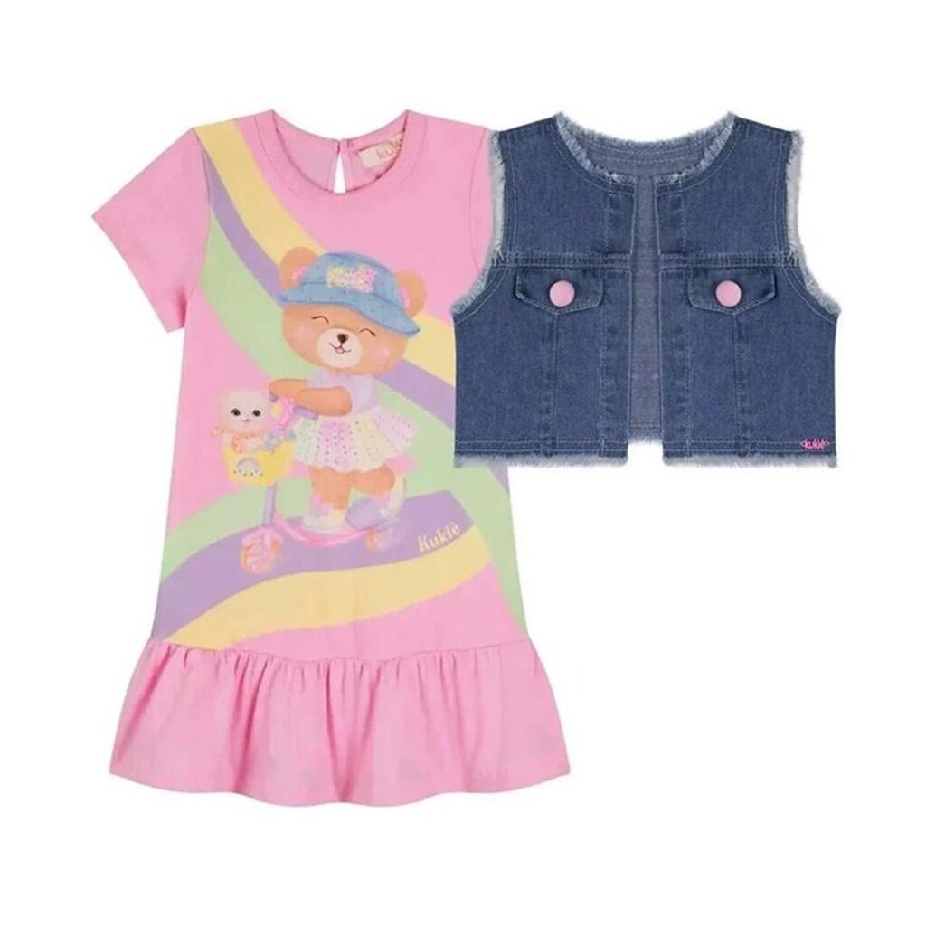 kukie Vestido Meia Malha e Colete Jeans Rosa