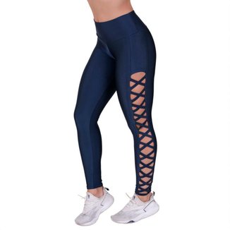 Legging Fitness Femininas Tiras Lateral Cós Alto Cirrê Liso Orbis - Azul, G