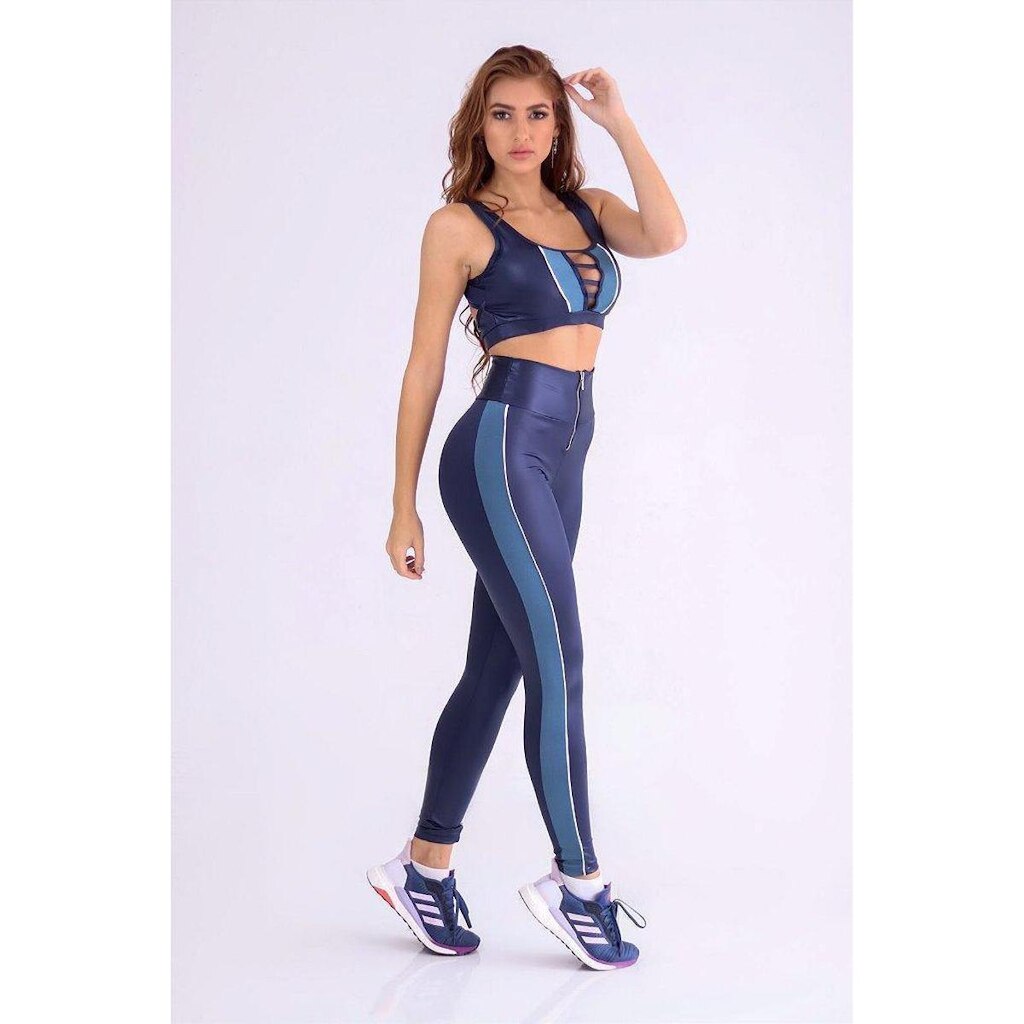 Legging Sintonia Jump Cirrê Marinho Com Azul Trilobal