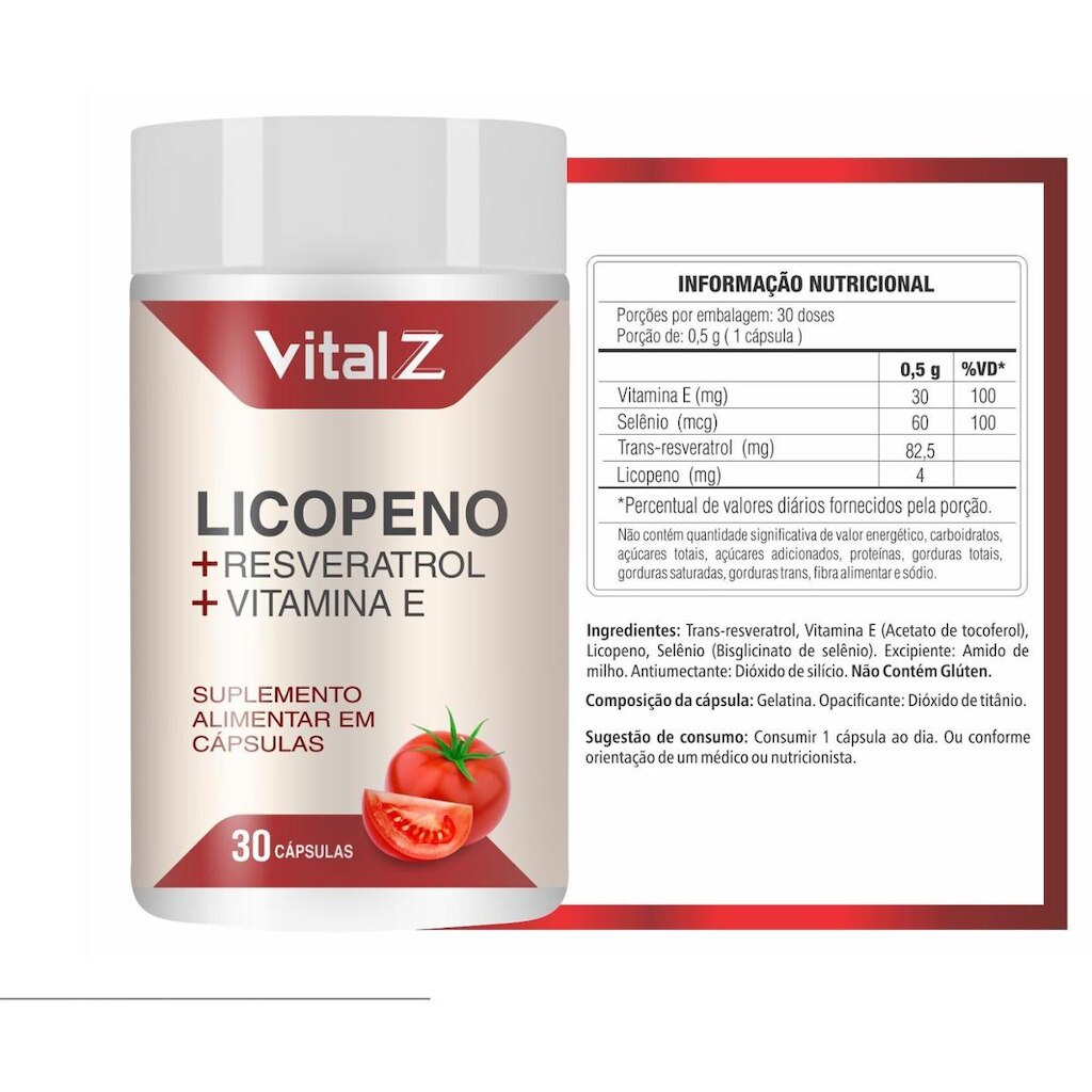 Licopeno + Resveratrol + Vitamina E - 30 Cápsulas