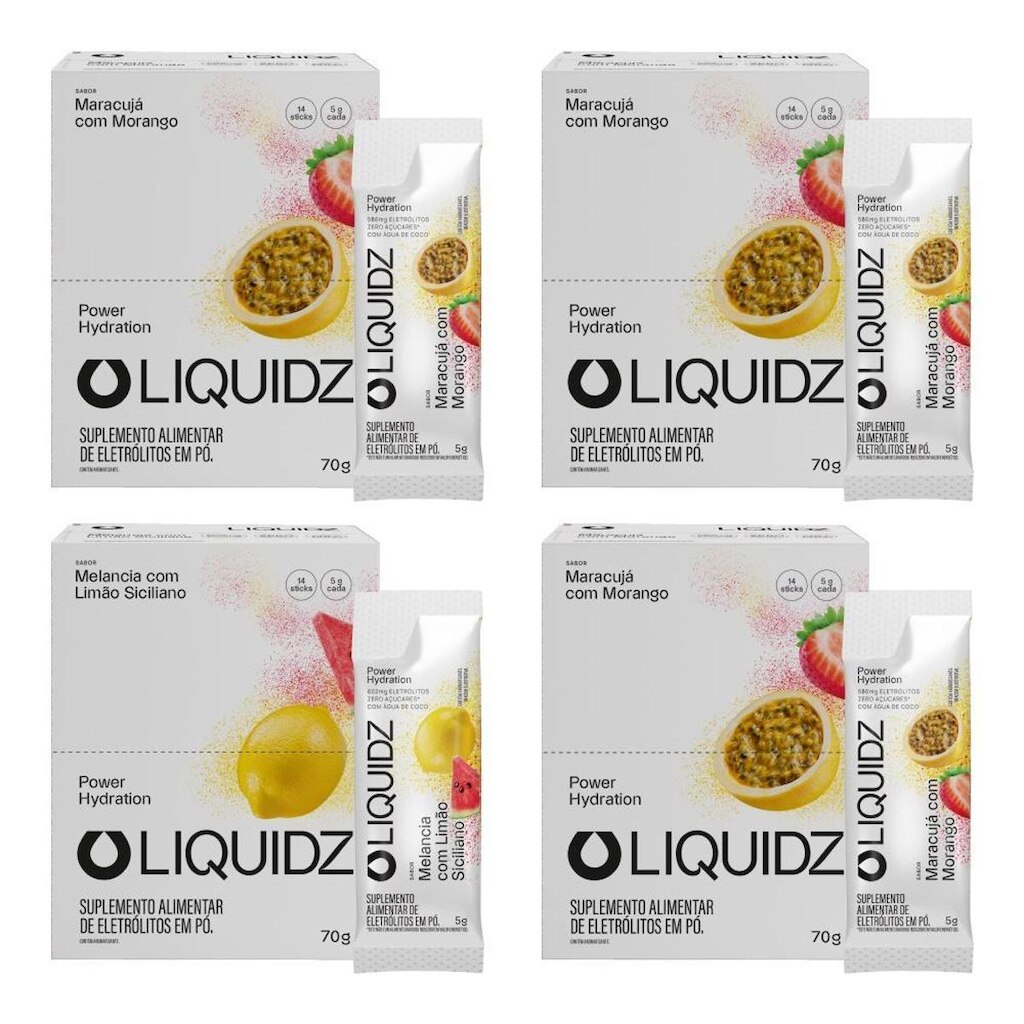 LIQUIDZ® - Eletrólitos Zero Açúcar Maracujá | Limão Siciliano - 4Cx - 56 Sachês