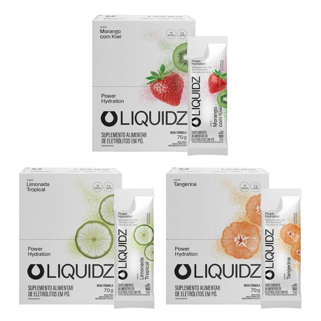 LIQUIDZ® - Eletrólitos Zero Açúcares - 3 Sabores - Kit 3 Caixas - 42 sachês