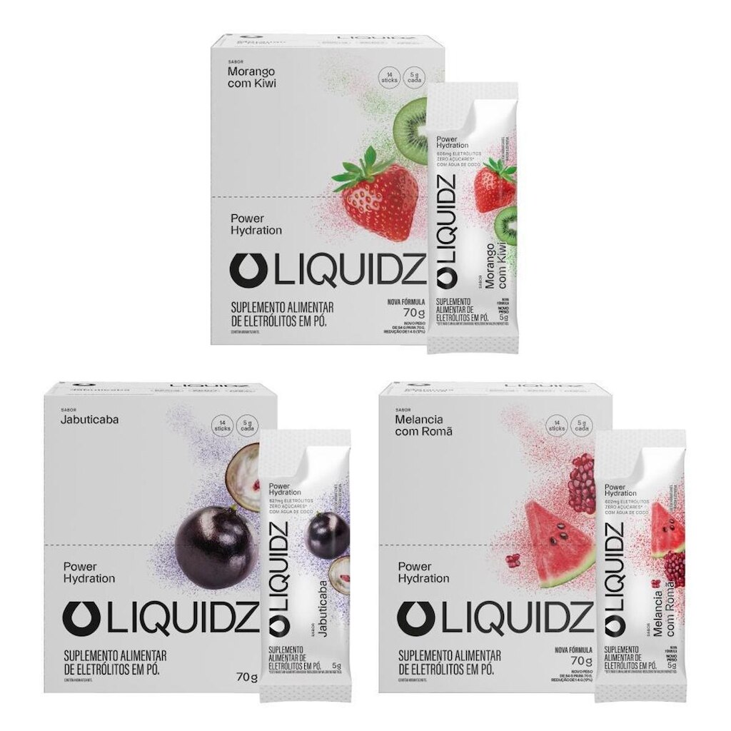 LIQUIDZ® - Eletrólitos Zero Açúcares - 3 Sabores - Kit 3 Caixas - 42 sachês