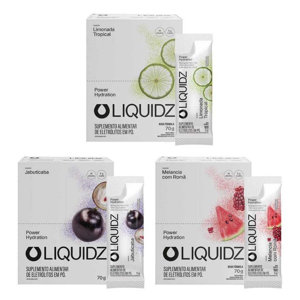 LIQUIDZ® - Eletrólitos Zero Açúcares - 3 Sabores - Kit 3 Caixas - 42 sachês