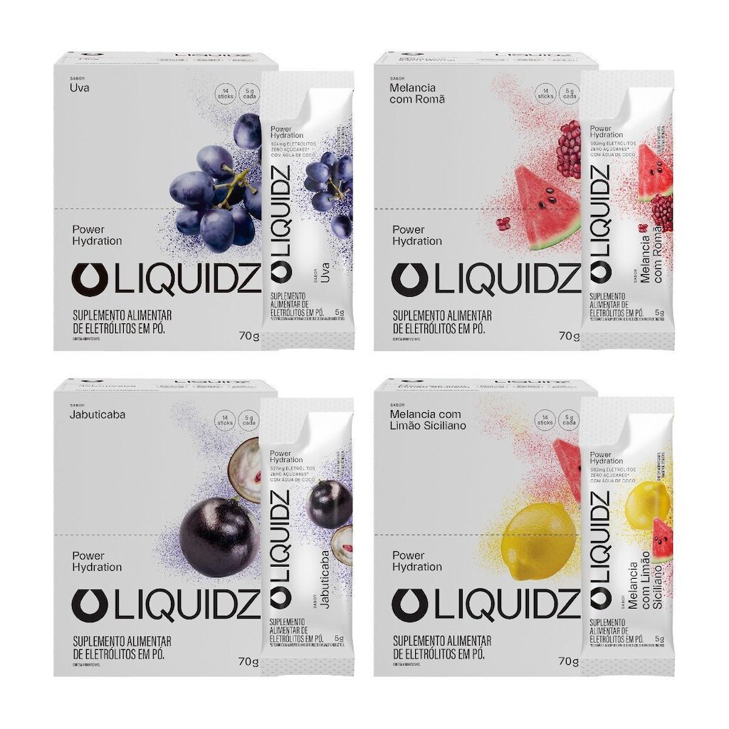 LIQUIDZ® - Eletrólitos Zero Açúcares - 4 Sabores - Kit 4 Caixas c/14 Sachês