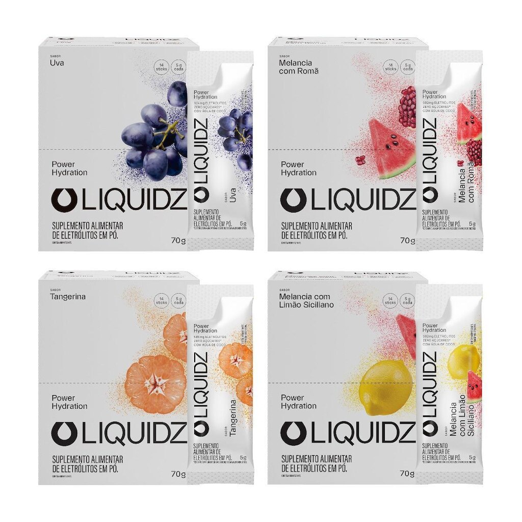 LIQUIDZ® - Eletrólitos Zero Açúcares - 4 Sabores - Kit 4 Caixas c/14 Sachês