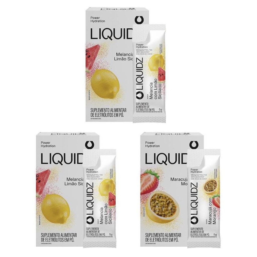 LIQUIDZ® - Eletrólitos Zero Açúcares - Limão Siciliano | Maracujá - Kit 3 Caixas - 18 sachês