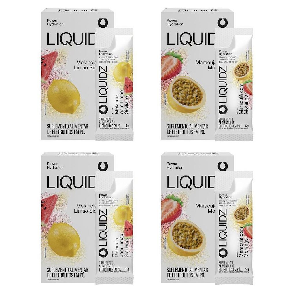 LIQUIDZ® - Eletrólitos Zero Açúcares - Limão Siciliano | Maracujá - Kit 4 Caixas - 24 sachês