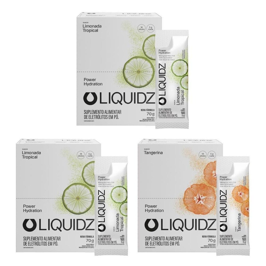 LIQUIDZ® - Eletrólitos Zero Açúcares - Limonada | Tangerina - Kit 3 Caixas - 42 sachês