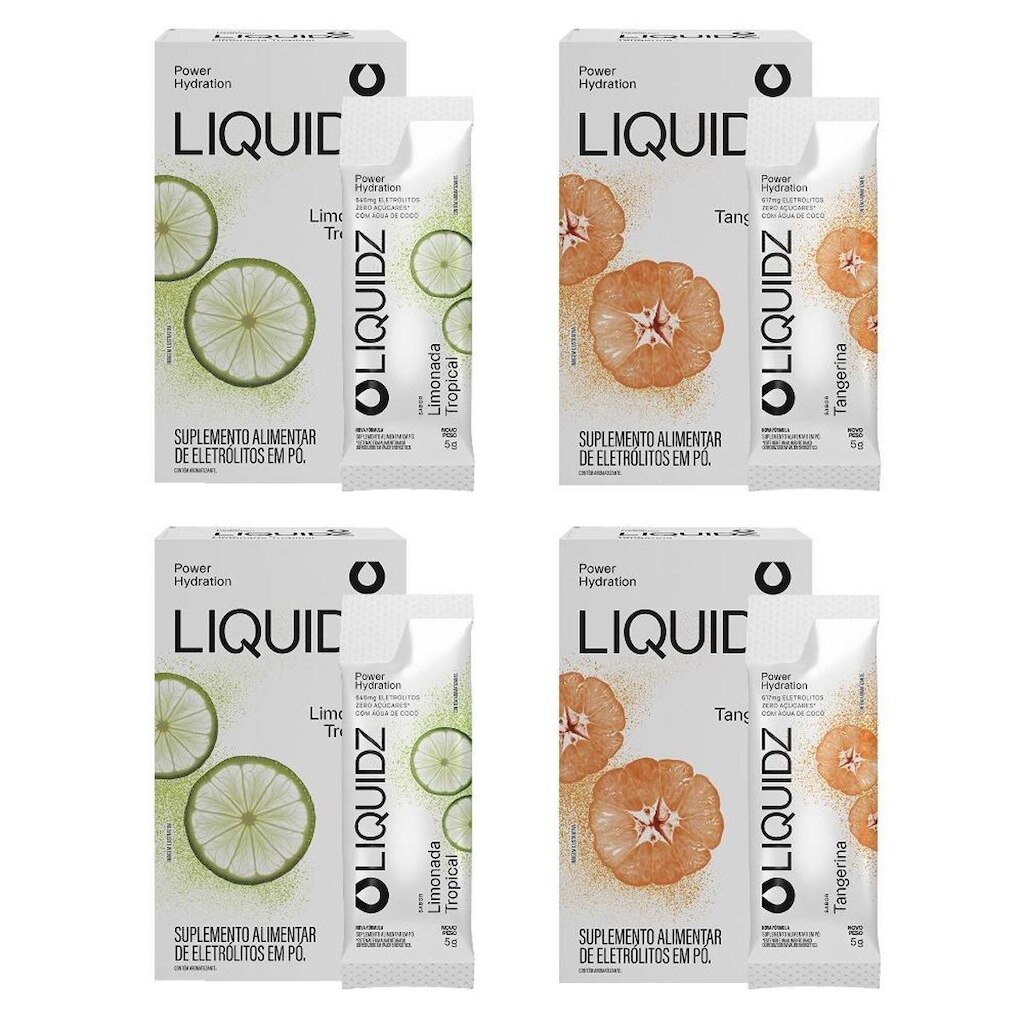 LIQUIDZ® - Eletrólitos Zero Açúcares - Limonada | Tangerina - Kit 4 Caixas - 24 sachês