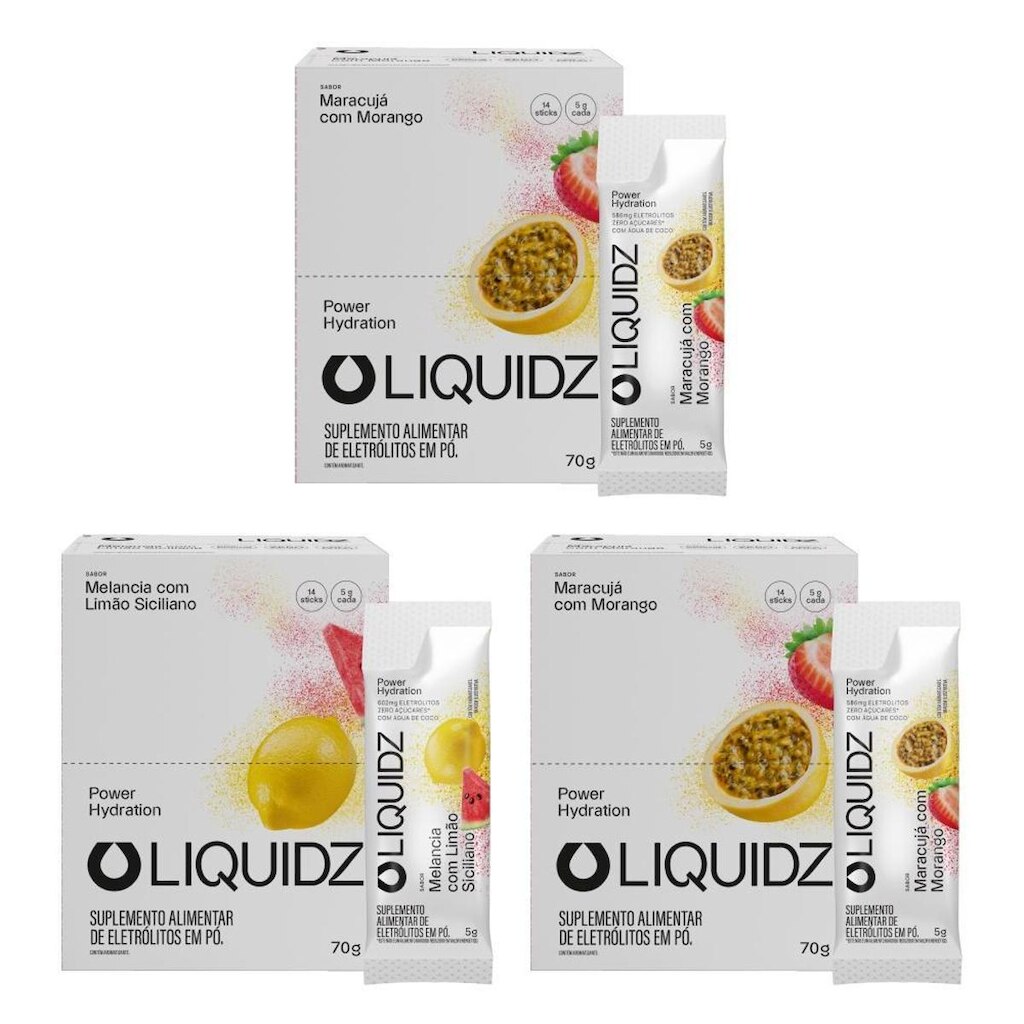 LIQUIDZ® - Eletrólitos Zero Açúcares - Maracujá | Limão Siciliano - Kit 3 Caixas - 42 sachês
