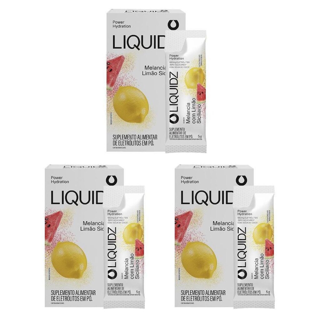 LIQUIDZ® - Eletrólitos Zero Açúcares - Melancia com Limão Siciliano - Kit 3 Caixas - 18 sachês