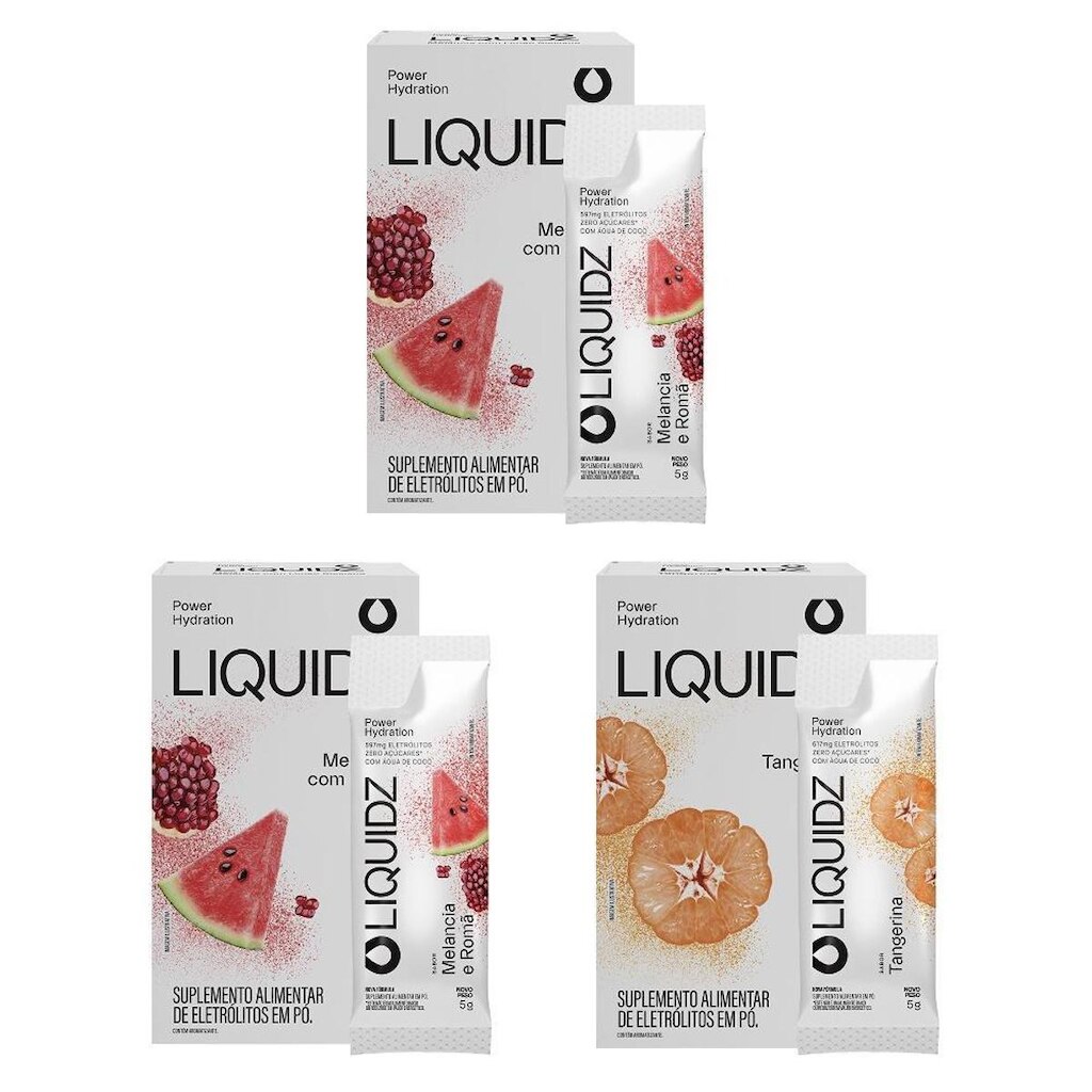 LIQUIDZ® - Eletrólitos Zero Açúcares - Melancia | Tangerina - Kit 3 Caixas - 18 sachês