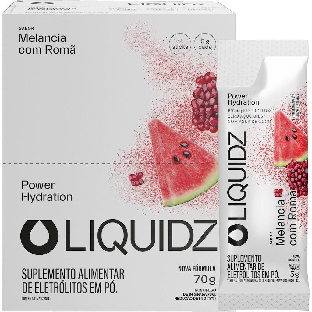 LIQUIDZ® - Eletrólitos Zero Açúcares - Sabor Melancia com Romã  - Kit 1 Caixa - 14 sachês