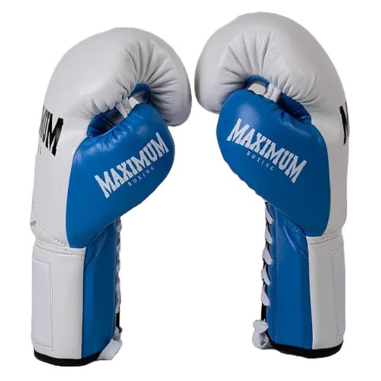 Luva Boxe Profissional Maximum Pro Series Branca e Azul com Cadarço