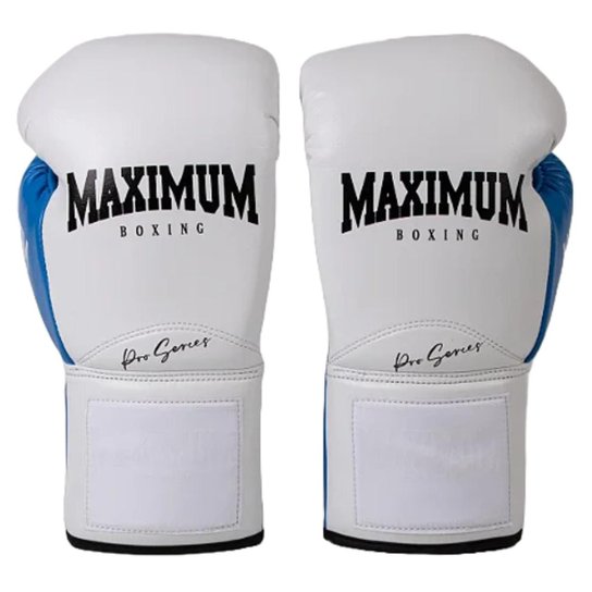 Luva Boxe Profissional Maximum Pro Series Branca e Azul com Cadarço