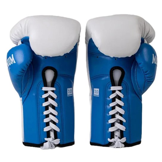 Luva Boxe Profissional Maximum Pro Series Branca e Azul com Cadarço