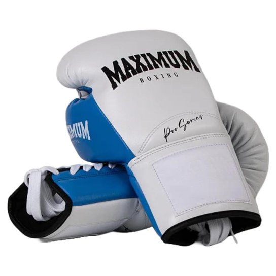 Luva Boxe Profissional Maximum Pro Series Branca e Azul com Cadarço