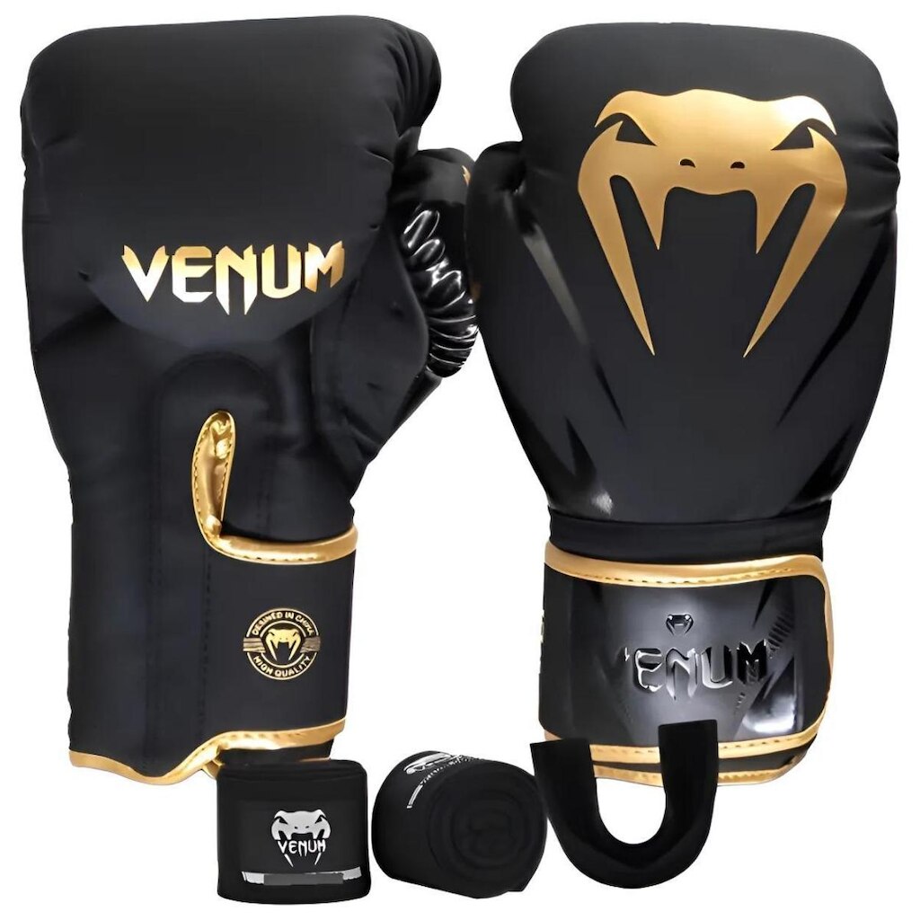 Luva De Boxe Muay Thai Kickboxing Impacto Evo Preta e Dourado + Bandagem + Protetor Bucal - Venum