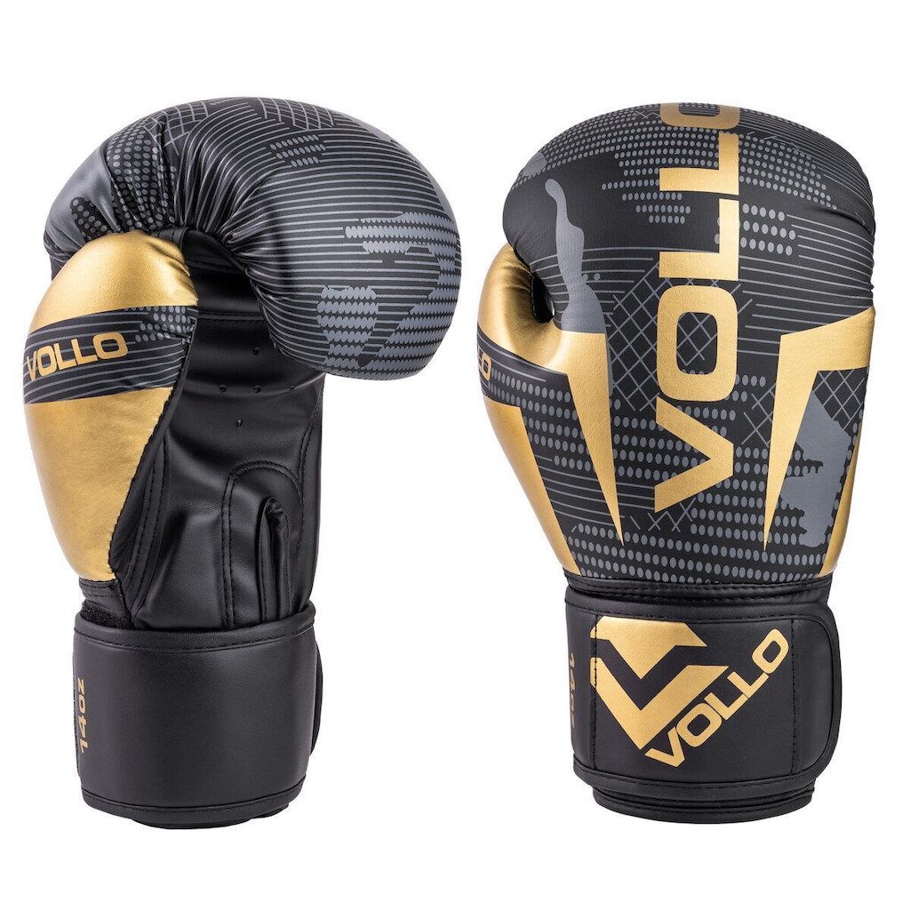 Luva de Boxe Vollo Muay Thai Kickboxing Training 14oz Preta, Cinza e Dourada