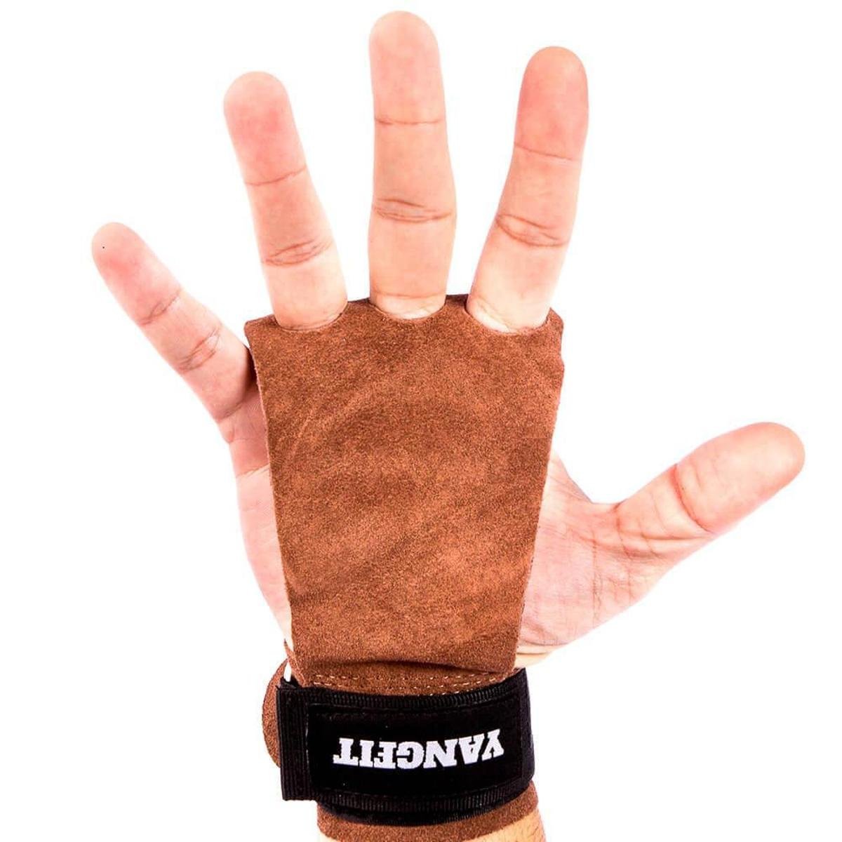 Luva Hand Grip Couro 3 Dedos para Crossfit e Barra Par Yangfit Marrom