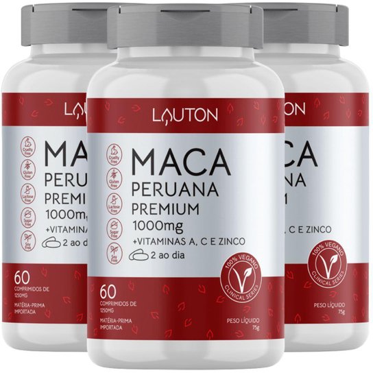 Maca Peruana Premium 1000mg 3 Potes de comp Lauton - Branco Menor preço em Maca Peruana Premium 1000mg 3 Potes de comp Lauton - Branco