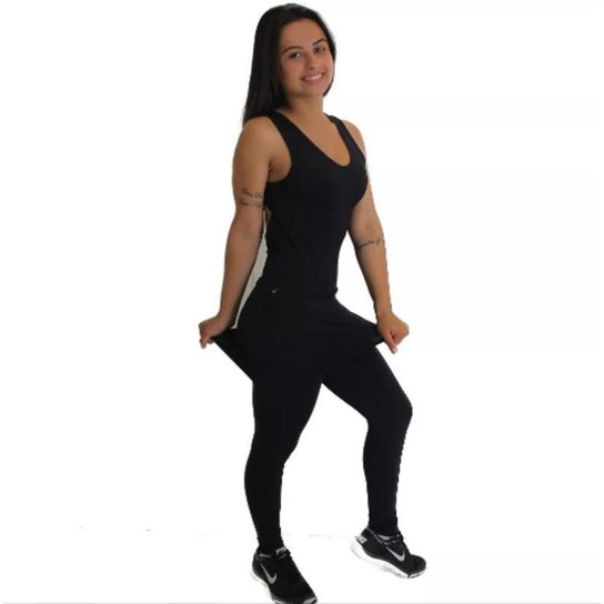 Macacão Akira Fitness Com Saia Tapa Bumbum Decote Liso - Preto Menor preço em Macacão Akira Fitness Com Saia Tapa Bumbum Decote Liso - Preto