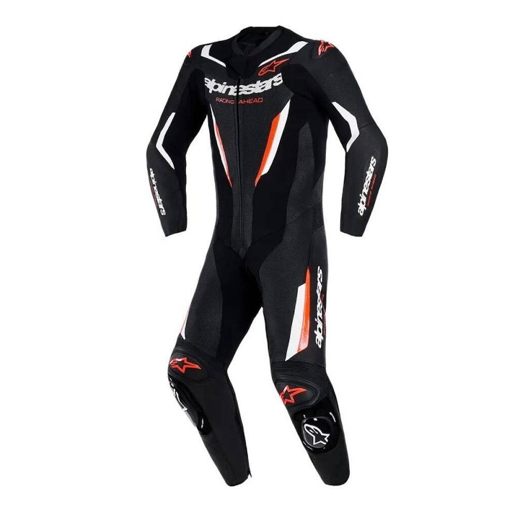 Macacão Alpinestars GP Force V2 1 Peça Preto Branco e Vermelho Fluo