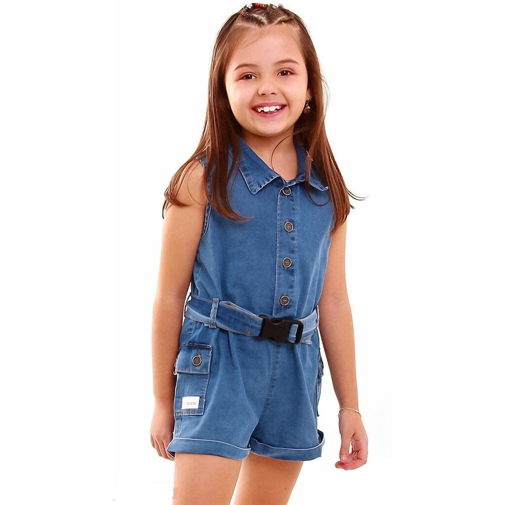 Macacão Feminino Infantil Jeans Curto