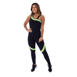 Macacão Fitness Feminino Compressão Detalhe Neon Um Ombro Com Bojo Orbis - PRETO COM VERDE NEOM, M