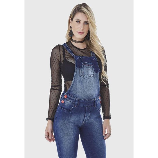 Macacão HNO Jeans Jardineira Skinny Feminino - Azul Menor preço em Macacão HNO Jeans Jardineira Skinny Feminino - Azul