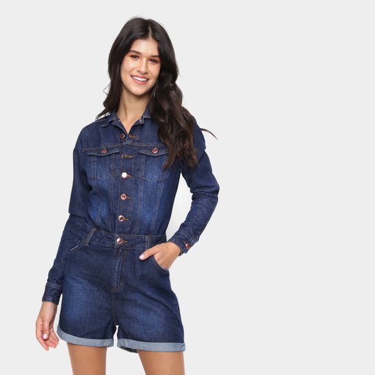 Macacão Jeans Curto Cambos Manga Longa Feminino - Marinho Menor preço em Macacão Jeans Curto Cambos Manga Longa Feminino - Marinho