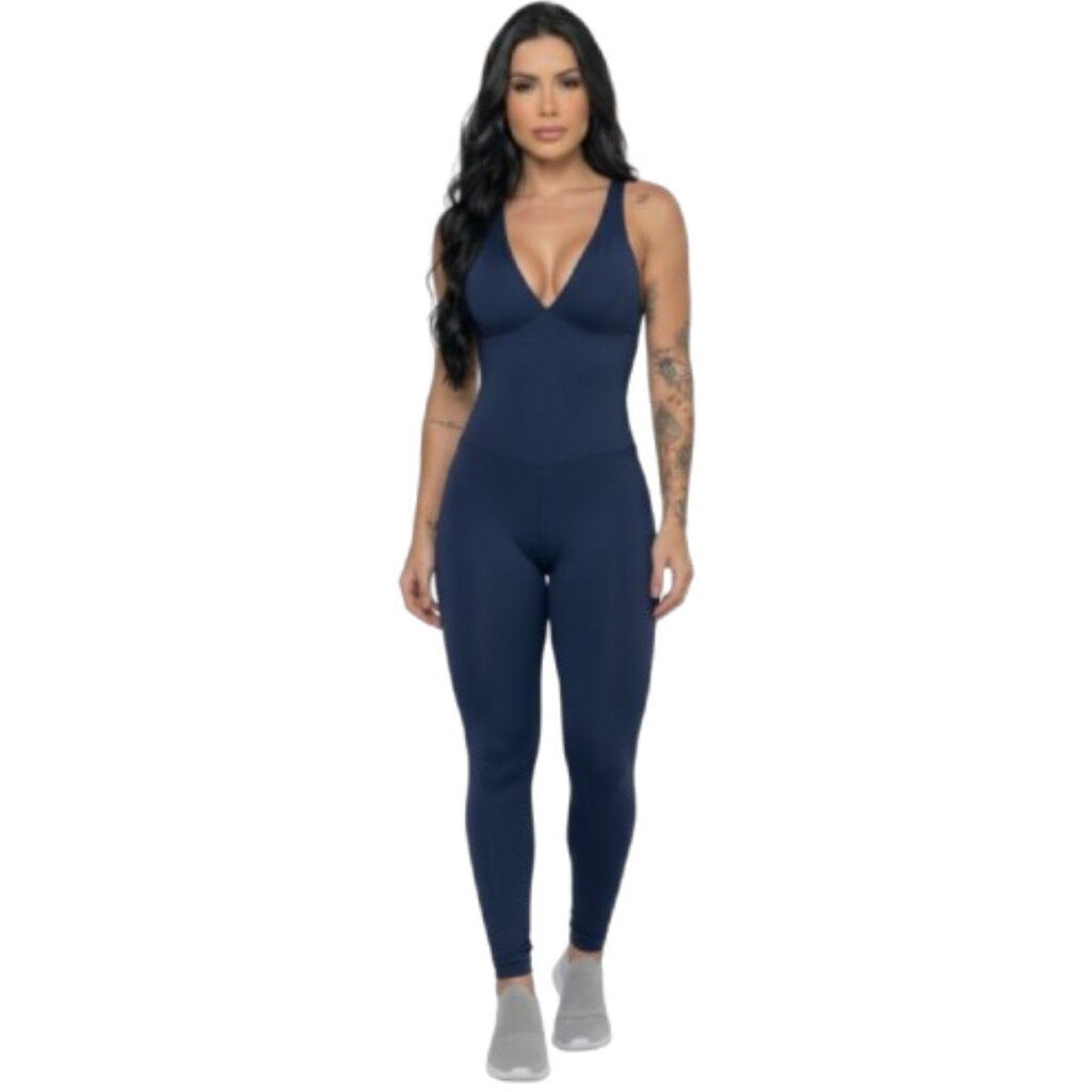 Macacão Liso Longo Com Bojo Serra e Mar Modas Roupa De Academia Treino Suplex Moda Fitness Feminina