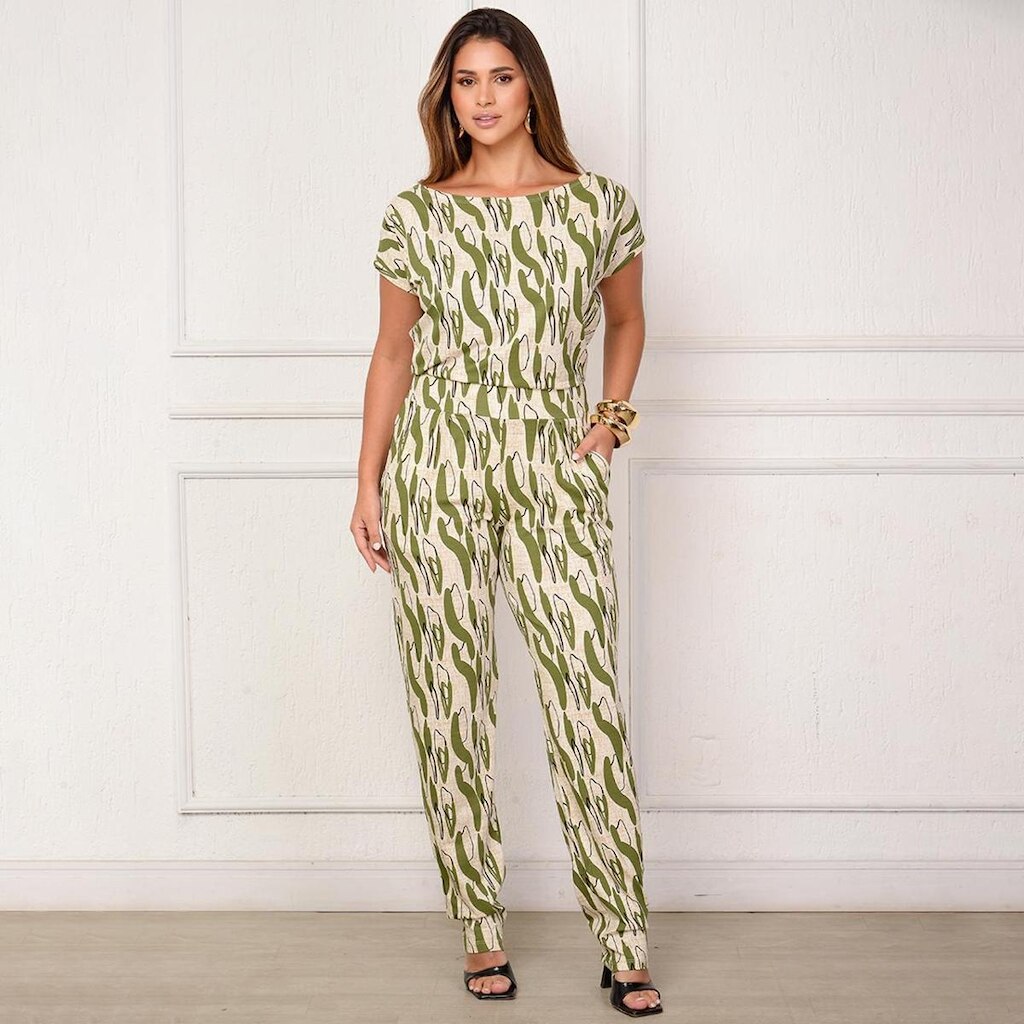 Macacão Longo M/C Decote Canoa BBonnie Mel Listra Verde