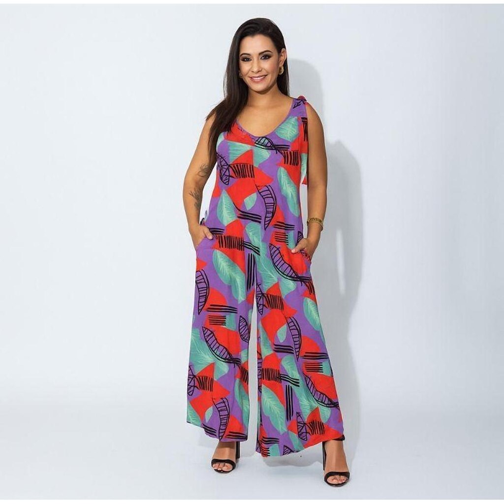 Macacão Pantacourt Feminino de Alça com Bolsos Estampado