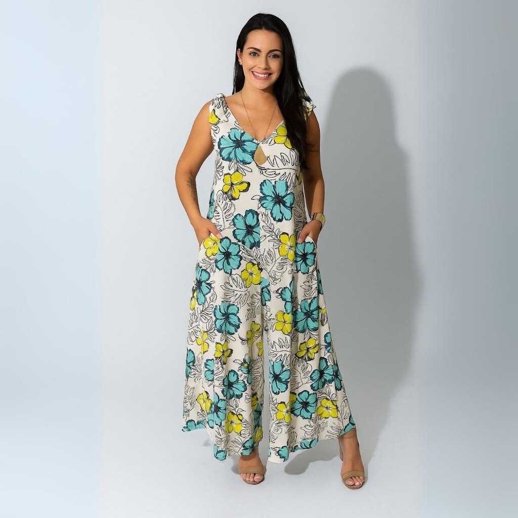 Macacão Pantacourt Feminino de Alça com Bolsos Estampado