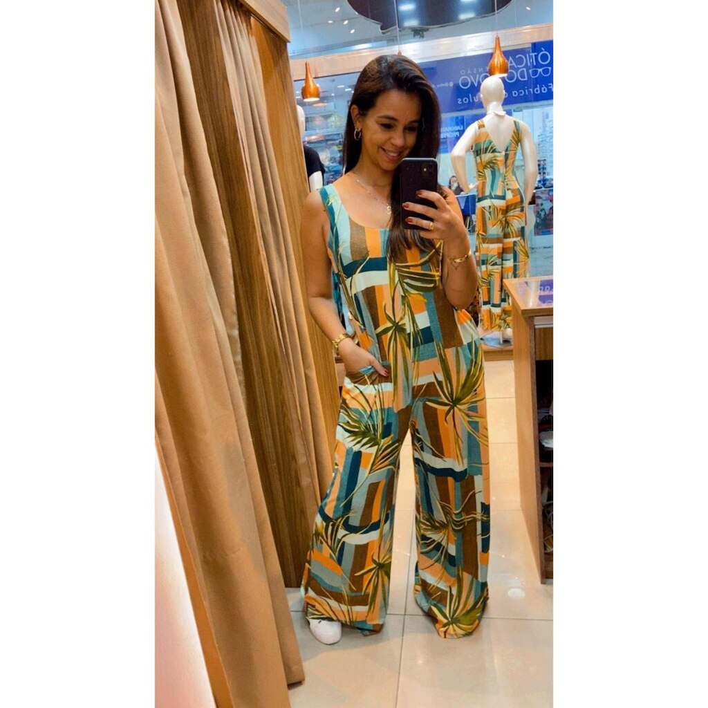 Macacão Pantalona Longo em Malha com Alça Larga