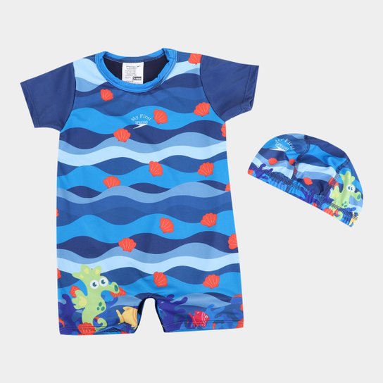 Macaquinho Bebê Speedo Manga Curta Shells com Touca Menino - Azul Menor preço em Macaquinho Bebê Speedo Manga Curta Shells com Touca Menino - Azul