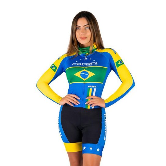 Macaquinho Ciclismo Brasil Manga Longa Cabani Sports Feminino - Adulto - Azul Menor preço em Macaquinho Ciclismo Brasil Manga Longa Cabani Sports Feminino - Adulto - Azul