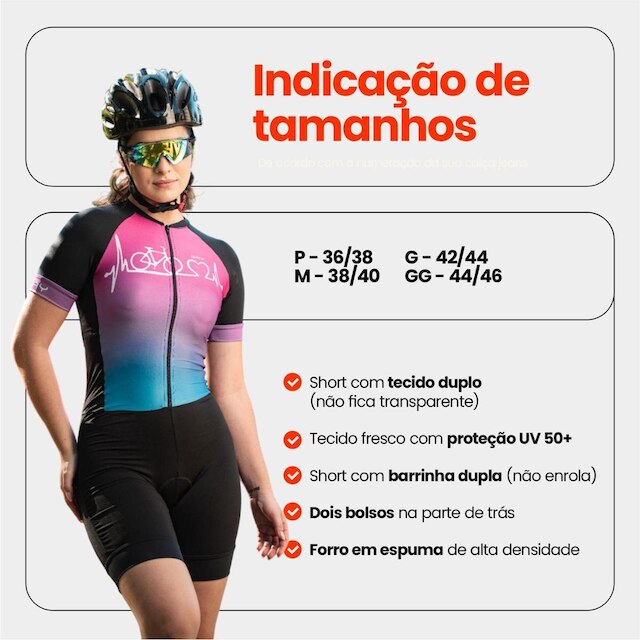 Macaquinho de Ciclismo Feminino Manga Curta Sublimado Forro Espuma Repirável Antitransparência